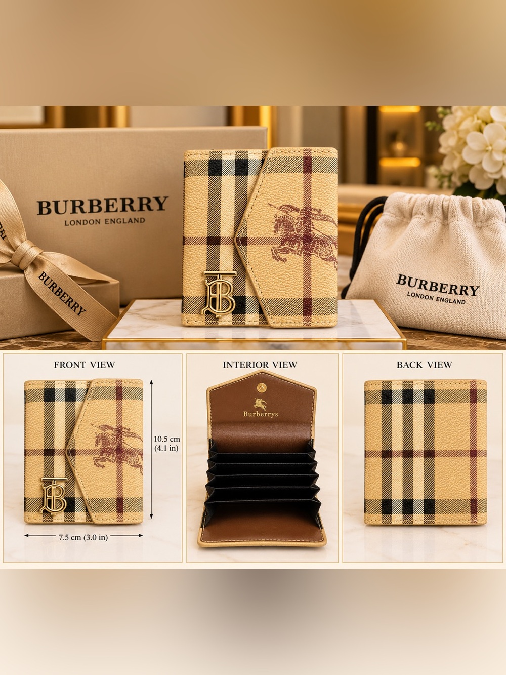 Tan Check Leather Card Holder Wallet